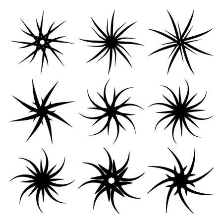 Geometric abstract star icon set. Concentric pattern with spiked, sharp starburst symbol. Vector circular design element collection isolated on white background.のイラスト素材