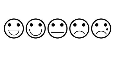 Mood grade with emoji face outline set. Line art with contour expression from positive to negative. Basic circle satisfaction meter. Vector illustration isolated on white background.のイラスト素材
