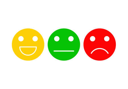 Basic emoticons set. Three facial expression for feedback - positive, neutral and negative. Symbol of client satisfaction level. Vector illustration isolated on white background.のイラスト素材