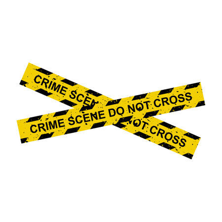 Crime scene tape. Crossed yellow lines with sign 'do not cross'. Forbidden area with restricted access symbol. Vector design isolated on white background.のイラスト素材