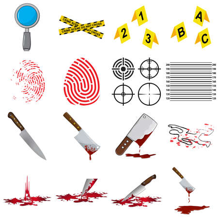 Murder icon set. Crime symbol collection. Contains murderer investigation and bloody knife elements. Forensic illustrations isolated on white background.のイラスト素材