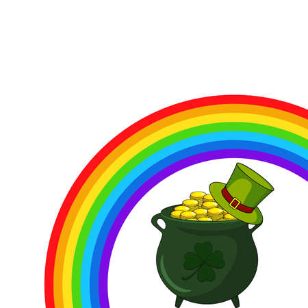 Patricks day backgroud. Great for banner or border with copy space. Illustration contains symbols of rainbow, cauldron with money and green hat.のイラスト素材