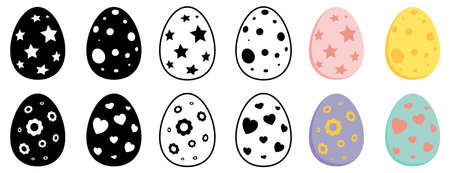 Easter egg collection. Set of spring holiday symbols. Vector illustration isolated on white background. Contains silhouette,outline and pastel color design.のイラスト素材