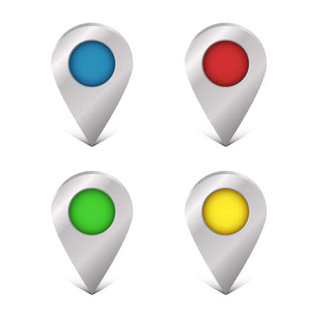Map pin icon set. Empty location pointer. Vector illustration isolated on white background. Navigation tag template with shadow in four colors: red, green, blue and yellow.のイラスト素材