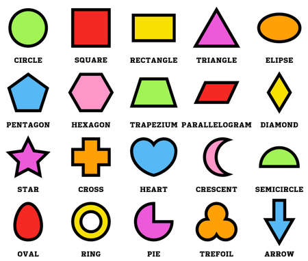 Colorful geometric shapes with their name clip art collection isolated on white background for preschool kidsのイラスト素材