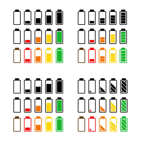Battery charge level icon set. Symbol of power indicator of mobile phone accumulator.  Simple flat design. Vector illustration isolated on white.のイラスト素材