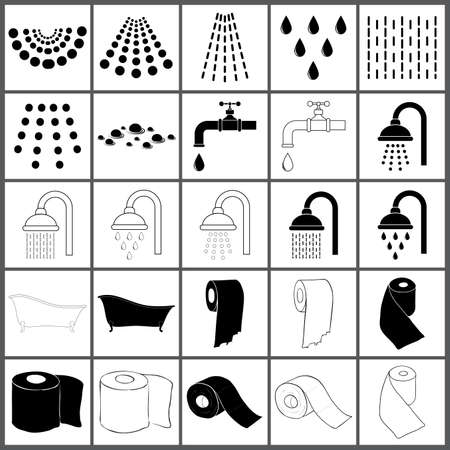 Bathroom silhouette outline symbol set. Black shape of water drop and spray, shower, bathtub, faucet and toilet paper.  Vector illustration isolated on white.のイラスト素材