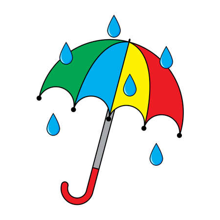 Umbrella icon with raindrops. Open parasol clip art. Vector illustration isolated on white background. Classic rain protect autumn cartoon symbol.のイラスト素材