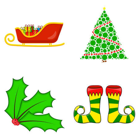 Outline vector illustration isolated on white. Christmas symbols collection. Big set of xmas icons. Seasonal cartoon illustrations isolated on white. Holiday ornament and decorations. gift,sleigh,のイラスト素材