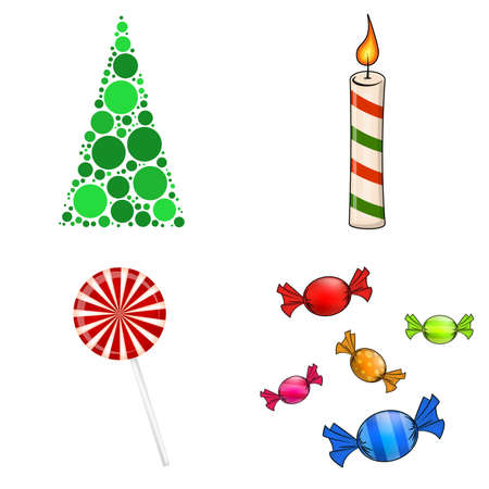 Christmas symbols collection. Big set of xmas icons. Seasonal cartoon illustrations isolated on white. Holiday ornament and decorations. christmas tree, candle,candy,のイラスト素材