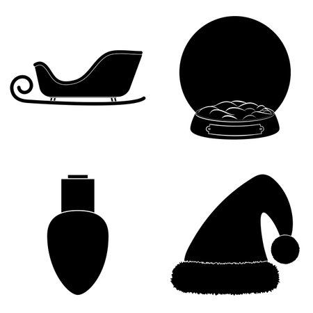 Christmas silhouette icon set. Collection of black december holiday symbol. Black and white illustration isolated on white background.のイラスト素材