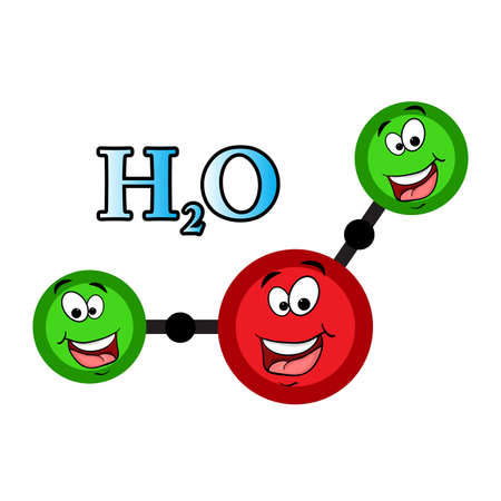 h2o character water molecule structure. Liquid aqua atom formula with eyes and smile. Vector illustration isolated on white background.のイラスト素材
