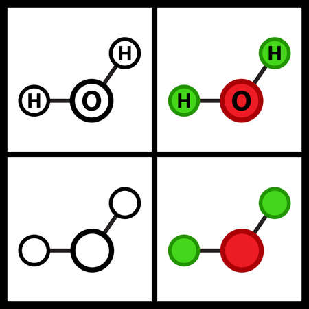 h2o water molecule structure. Liquid aqua atom formula. Vector illustration isolated on white background.のイラスト素材