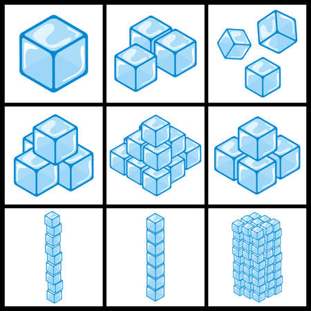 Ice cube icon set. Cartoon freeze blocks collection. Simple Vector illustration isolated on white background.のイラスト素材
