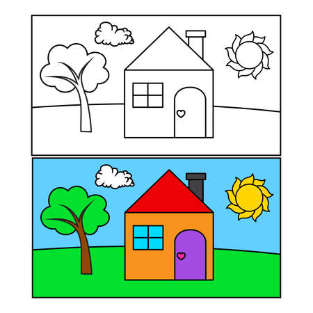Kid drawing with house sun and tree. Vector illustration in child style. Coloring book, pagesのイラスト素材