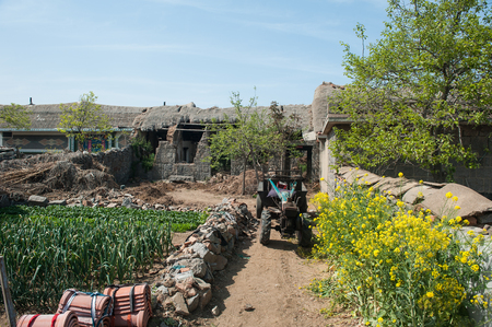 Tractor beside a vegetable gardenのeditorial素材
