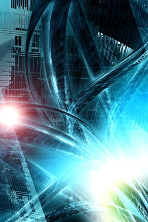 Digital City - Abstract Hi-Tech Concept with Large Data Cables and Flares. Great for Hosting Artwork Background or Logistic Companies. Vertical Design.の写真素材