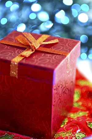 Christmas Presents. Red Christmas Present Box. Blue Lights Bokeh.の写真素材