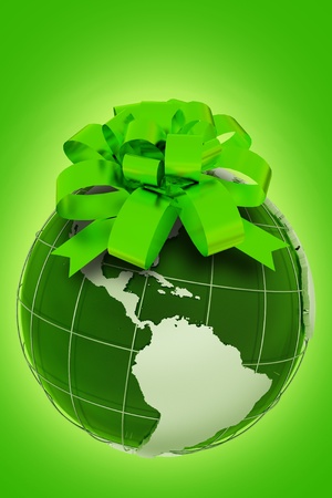 Planet Gift. Green Ecologic Theme with Earth Model with Green Bow. Vertical Eco Design. Glowing Green Background. 3D Render illustration.の写真素材