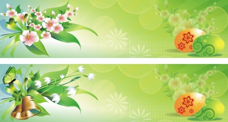 Green Spring Easter Banners with Eggs and Floral Elements. Two Easter Banners to Choose From.の写真素材