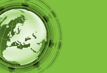Green Global News - Background with Green Globe and Solid Green Background. Right Side Copy Space. Globe - European/African/Asia Part.の写真素材