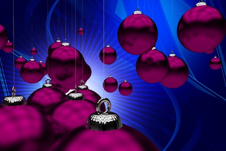 Holiday Theme. Purple Christmas Ornaments on Cool Abstract Blue Background. Great Holiday Background for Your Business Christmas Postcards! 3D Rendered Illustrationの写真素材