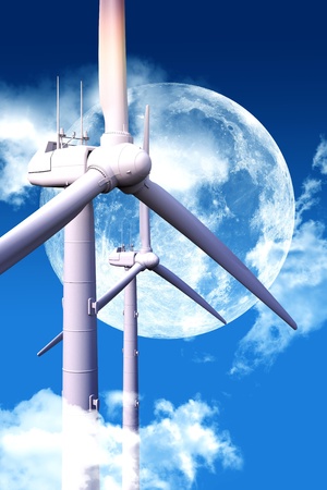 Wind Energy at Night. Cool Night Sky with Huge Moon and Two Modern Wind Turbines Between Clouds.の写真素材