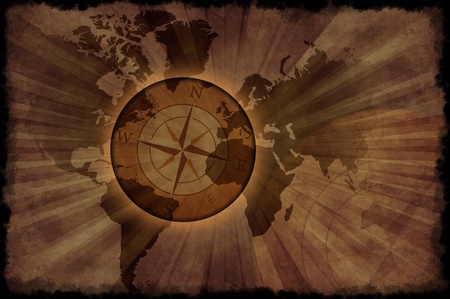 Retro World Map - Vintage World Map with Compass Rose. Grunge Browny Background ( Old Paper Style ) Black Grunge Edges.の写真素材