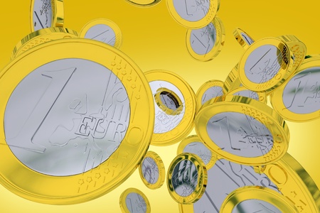 Falling One Euro Coins - Orange-Yellow Background. European Union Currency. 3D Render illustration.の写真素材