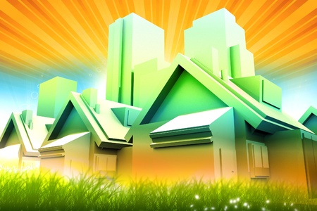 Colorful City. Colors of Life. Colorful Urban Illustration. Very Optimistic Theme with 3D Houses and Skyscrapers, Green Grass and Orange Shiny Sky.の写真素材