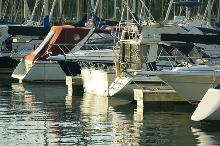 Boat Marina - Small Sailboats Moored in a Chicago Marina. Horizontal Photo. Summer Day. Recreation...