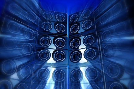 Loudness Party. Performance Theme with Large Bass Speakers and Motion Blur Effect. Blue Tones. Perfect for Techno Party Flyers etc. 3D Rendered Illustration.の写真素材