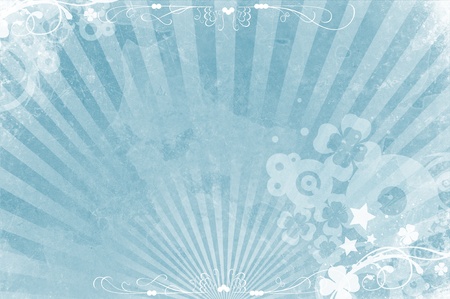 Cool Blue Grungy Background with Rays and Floral Elements. White Ornaments Light Blue Grungy Background.の写真素材