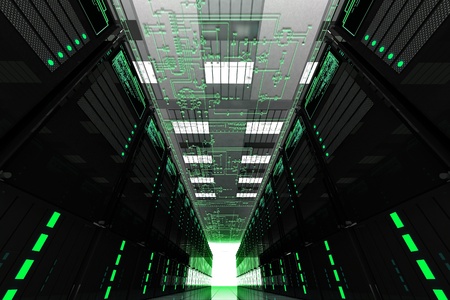 Servers Room. Large Data Center with Many Web Servers. Electronic Schema on the Top. Hosting Theme...