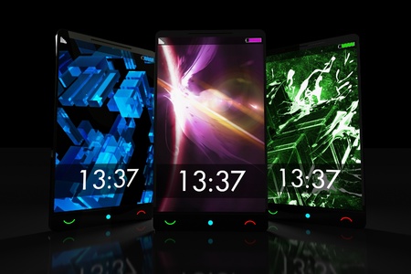 Tree Black Touch Screen Cellphones. 3D Render Illustration. Black Background.