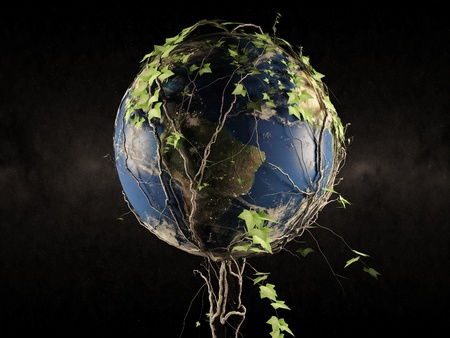 Earth After People  Planet Earth Overgrown by Ivy - Dark Space in the Background  3D Abstract Illustration  の写真素材