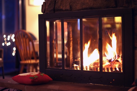 Hot Fireplace Inside Mountain Home  Home Interiors Photo Collection  Wood Burning Inside Fireplace のeditorial素材