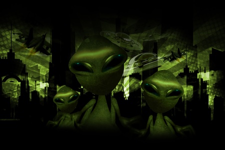 Aliens Invasion Dark Green Theme  Funny Aliens, UFOs and Jet Fighters on the Sky  Cool Aliens Design