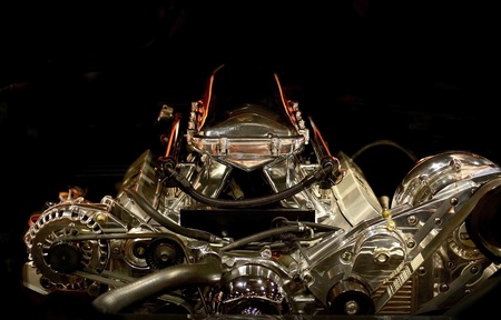Muscle Car Engine in the Dark. Powerful American Muscle Car Gasoline Engine