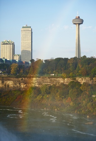 Niagara Falls, Ontario, Canada  Niagara River and NIagara Falls Downtown  Rainbow Above the River  Vertical Photography のeditorial素材
