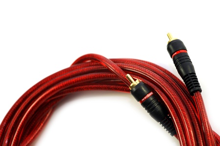 Red Composite Video Cable with Golden Connectors  Solid White Background