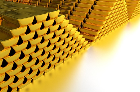 Piles of Gold Bars on Glassy Silver Floor  Great Copy Space  Gold Investing Theme  3D Rendered Illustration の写真素材