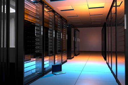 Servers Room with Small Laptop Computer on the Floor - Blue and Orange Lighted  Horizontal 3D Render Illustration のeditorial素材