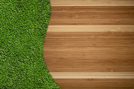 Hardwood Floor and Grass Creative Background Design. Great Copy Space For Home and Garden Related Artworks.の写真素材