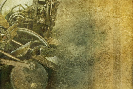 Old Machinery Vintage Background. Grungy Background with Some Old Press Machine and Floral Wallpaper. Right Side Copy Space.の写真素材