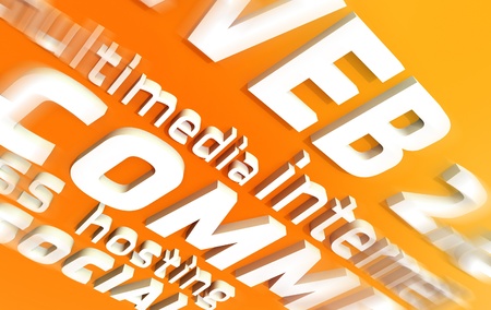 White WEB 2.0 3D Words on Orange Background. Words like: Web 2.0, Multimedia, Internet, Hosting, Social, Css. 3D Render Illustrationの写真素材