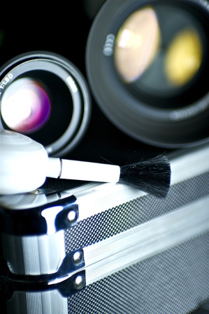 Lenses Cleaning Kit. Two Lenses - 50mm and 85mm Lenses and Cleaning Kit.の写真素材