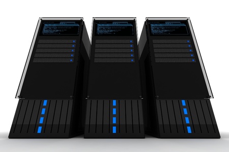 Three Servers. Datacenter. Three Black Server Computers on the White Background. 3D Render. Servers...