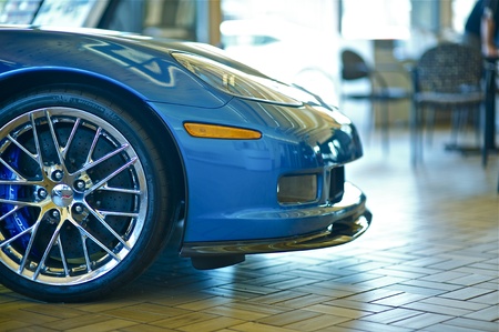 Sport Car for Sale. Blue Sport Vehicle in Dealership Waiting For New Owner. Front of the Vehicle.のeditorial素材