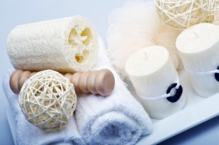 Bath-Spa Theme - Bathroom Kit. Towels, Sponges and Candles.の写真素材